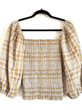 Anthropologie Mustard & White Smocked Plaid Peasant Blouse